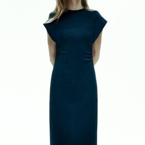 ZARA Dress Navy Crepe Gathered Midi Column sz S